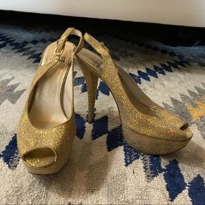 STUART WEITZMAN Glitter Peep Toe Platform Pumps